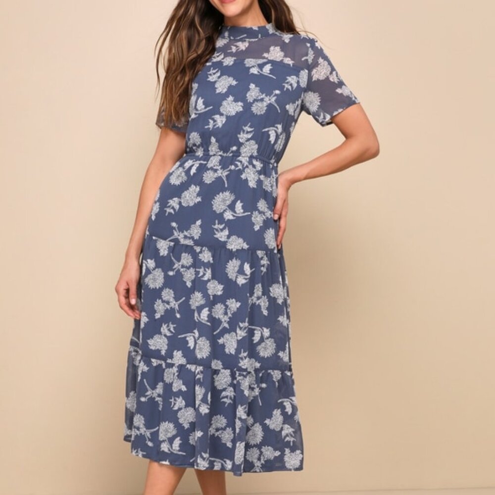 Lulus Floral Dressed Up Dusty Blue Floral Print Midi Dress